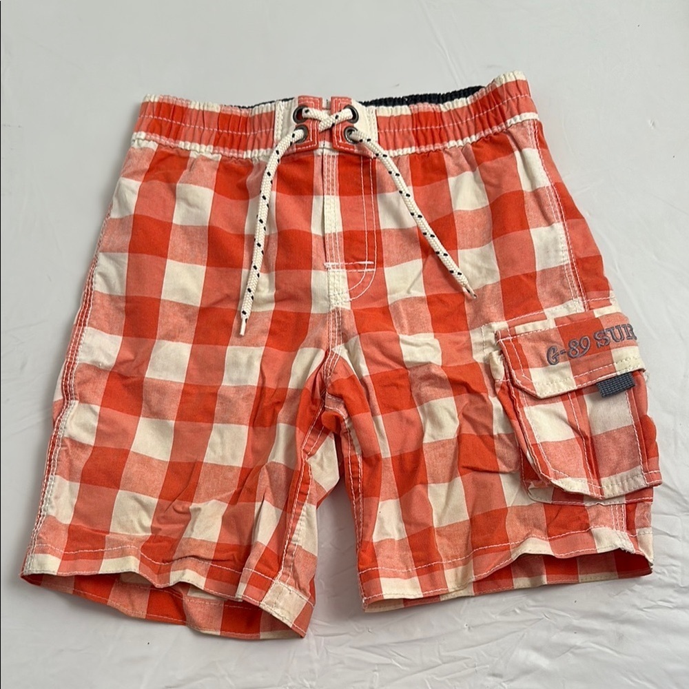 Gap orange and cream gingham checker elastic waist swim trunks